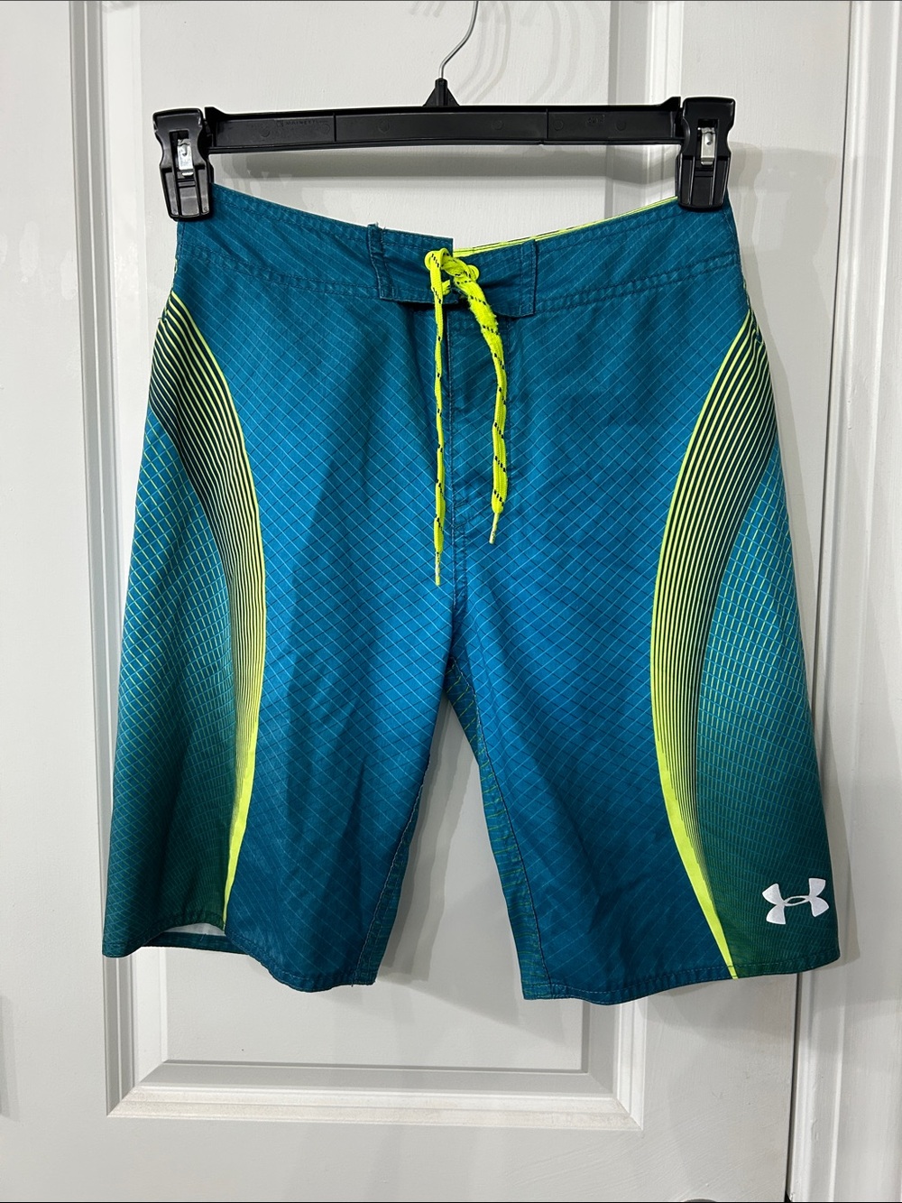 Under Armour Teal Swim Board Shorts with Neon Green Accents